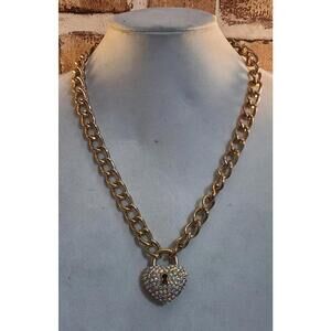 Chunky Gold Chain Necklace AB Rhinestone Pave Heart Padlock Pendant Y2K Glam EUC
